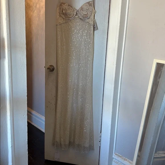 Self Portrait cream rhinestone mesh maxi dress elegant cocktail ethereal US 12 - Picture 6 of 16